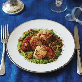 Atkins Diet : Scallops on Pea Puree with Parmesan Crumbs recipe