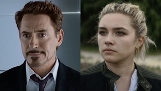 Robert Downey Jr. in Spider-Man: Homecoming/ Florence Pugh in Black Widow (side by side)