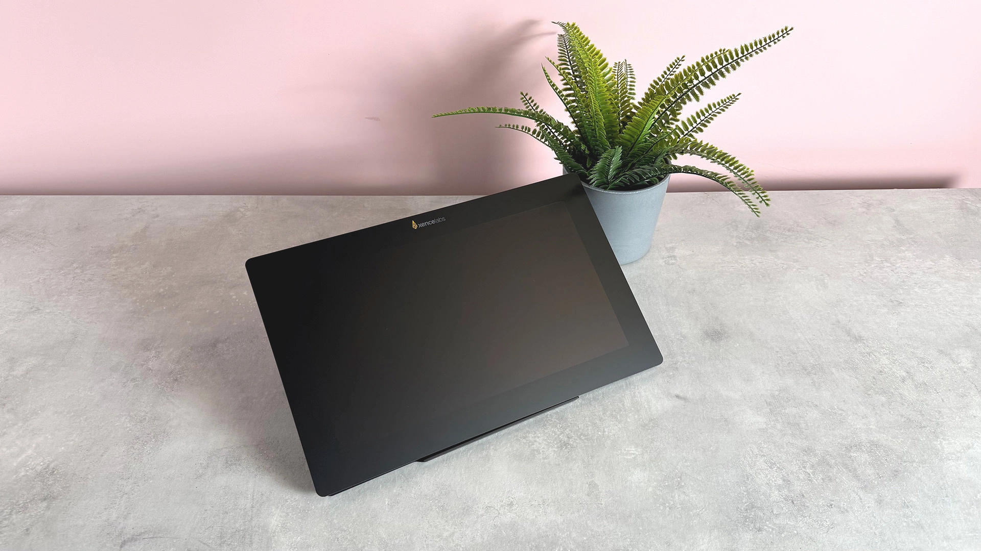 The Xencelabs Pen Display 16 with a blank screen at a 3/4s angle in front of a pot plant.