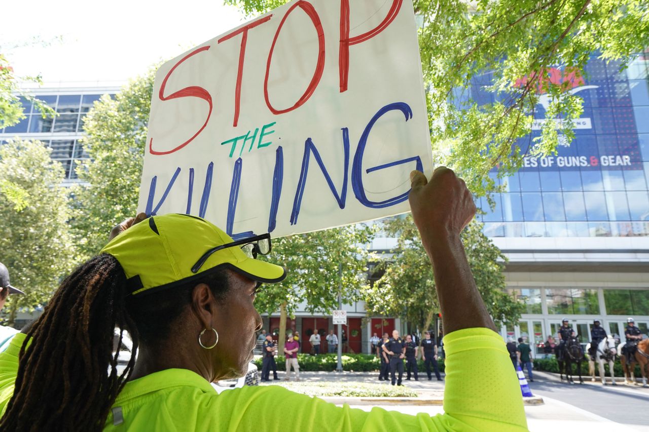 A gun rights protest outside the NRA annual meeting in Houston, Texas