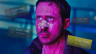 Ryan Gosling from Blade Runner 2049 lit up by purple light with several floating play time markers haunting him, like ghosts of the past.