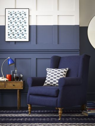 living room with panelling painted in navy and white for a playful design