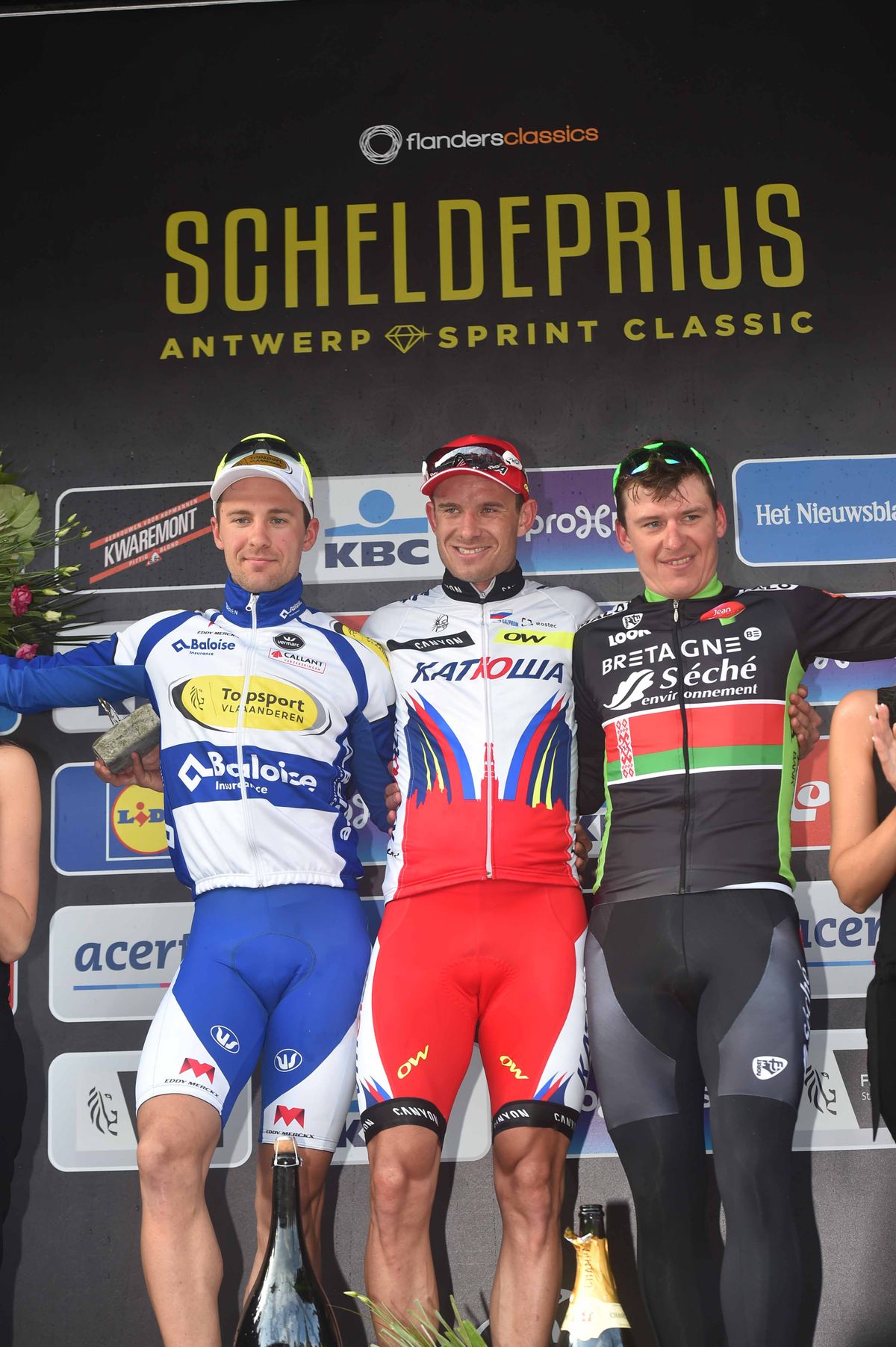 The Scheldeprijs podium: Edward Theuns, Alexander Kristoff and Yauheni Hutarovich