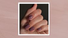 A close-up of a hand with short, mauve-like purple nails by nail artist, Mateja Novakovic (@matejanova)/ in a light purple-pink template