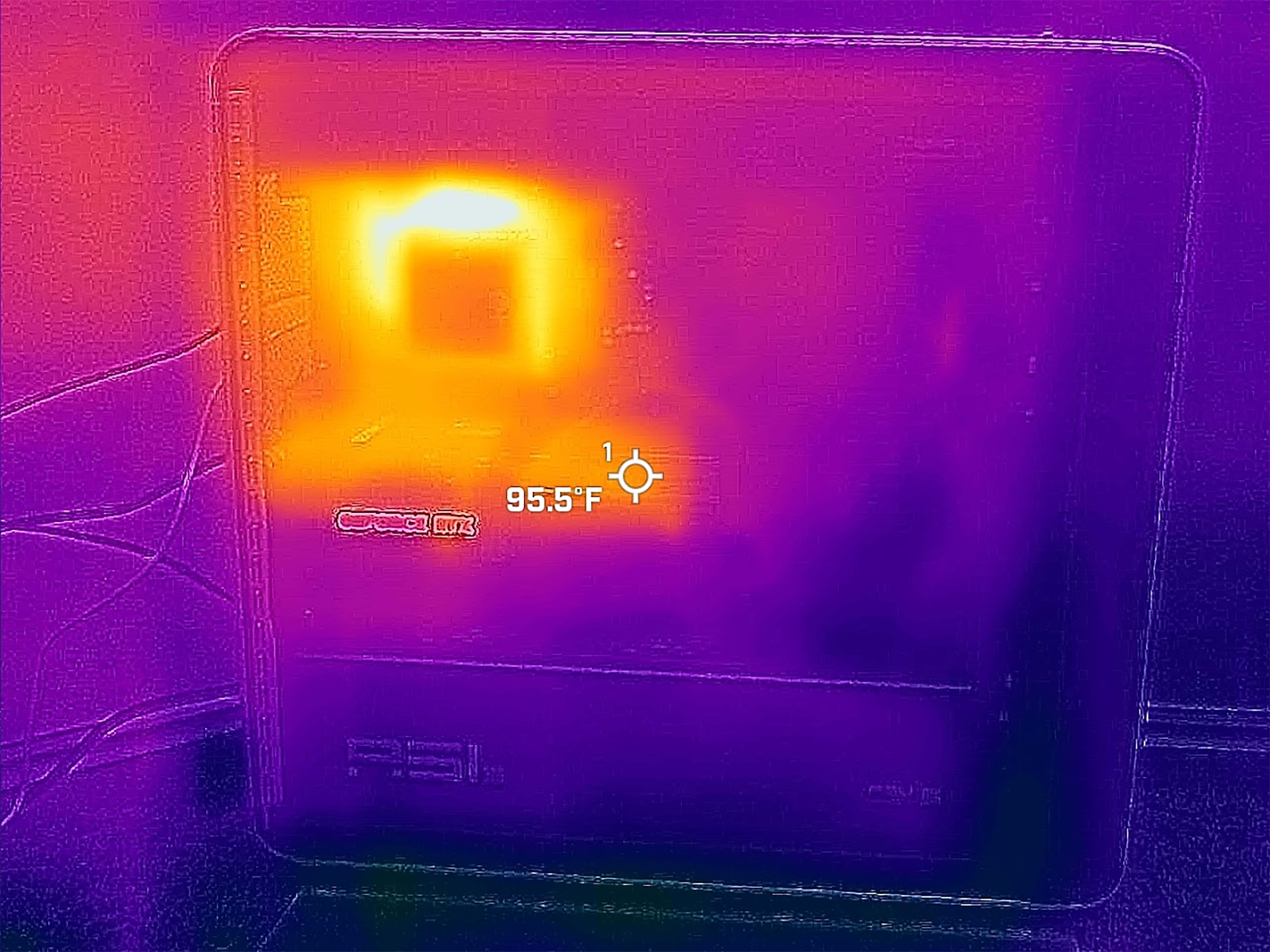 Photo taken with a thermal camera that shows the Area-51 Desktop's hottest areas are, expectedly, around the CPU and GPU.