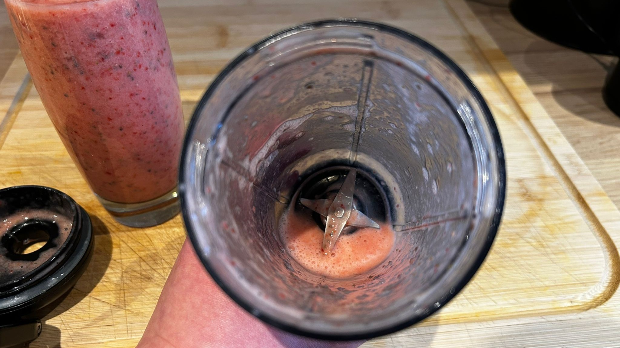 Remnants of strawberry banana smoothie in Nutribullet Flex blender