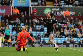 Alexandre Pato of Chelsea celebrates after scoring a goal to make it 0-2 during the Barclays Premier League match between Aston Villa and Chelsea at Villa Park on April 2, 2016 in Birmingham, England. (Photo by James Baylis - AMA/Getty Images)