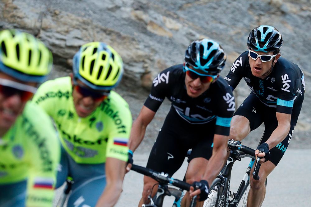 Alberto Contador leads Sergio Henao and Geraint Tomas near the end of stage 6 at Paris-Nice.
