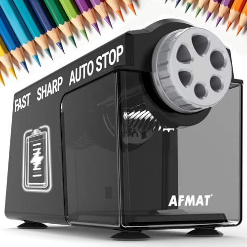 Afmat Electric Pencil Sharpener for Classroom, 6 Holes, Cordless &amp;amp; Rechargeable, Super Fast, Auto Stop, 10k+ Uses, Heavy Duty Pencil Sharpener for 6-11mm No.2/large/colored Pencils Psd4(black)