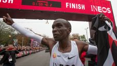 Kenya’s Eliud Kipchoge celebrates his 1:59 marathon in Vienna, Austria on 12 October