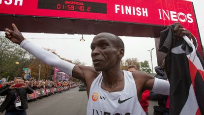Kenya’s Eliud Kipchoge celebrates his 1:59 marathon in Vienna, Austria on 12 October
