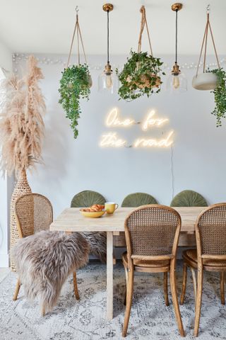 Dining area of open-plan space with wooden table, cane chairs, rug, hanging planters and pampas grass in a tall vase