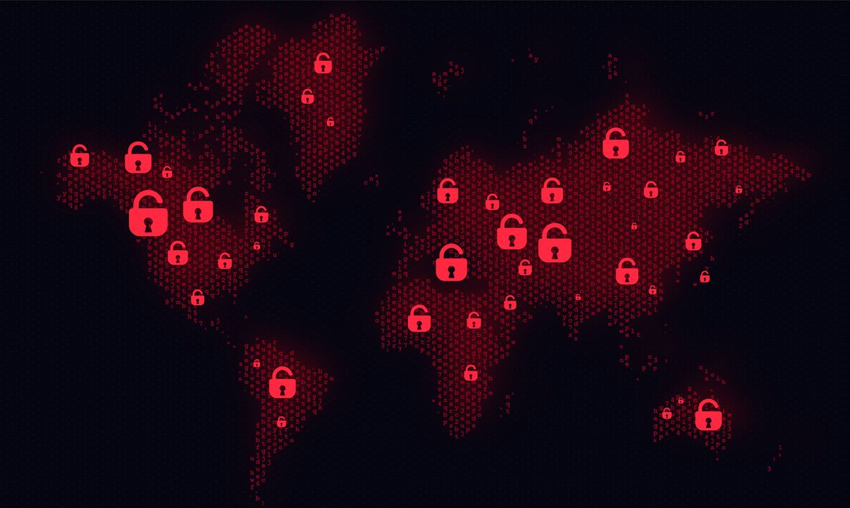 Ransomware depicted by global map in luminous black and red colour scheme to denote a threatening cyber landscape for small businesses