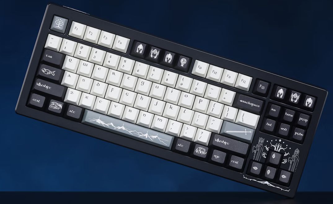 The Drop + Lord of the Rings Gondor CSTM80 keyboard on a blue background