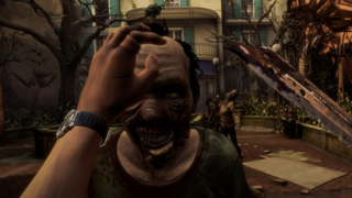 Player about to stab zombie with cleaver in The Walking Dead; Saints and Sinners Chapter 2 Retribution