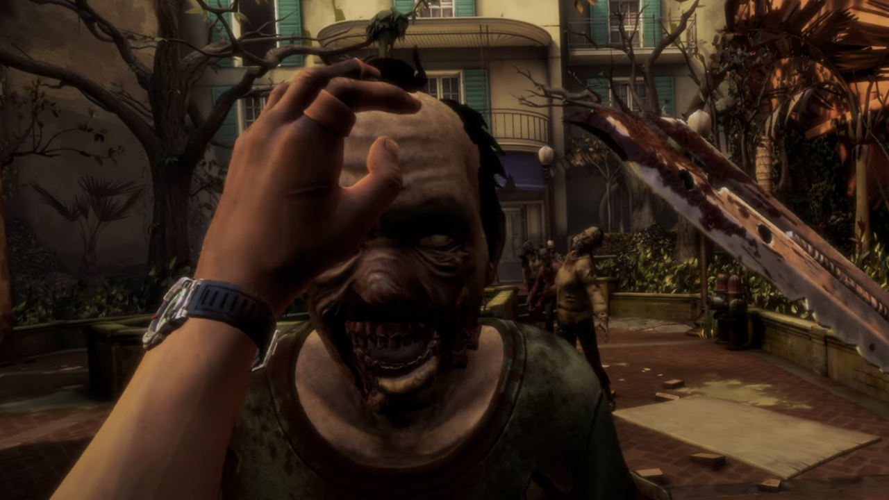 Player about to stab a zombie with a cleaver in The Walking Dead;  Saints and Sinners Chapter 2 Retribution