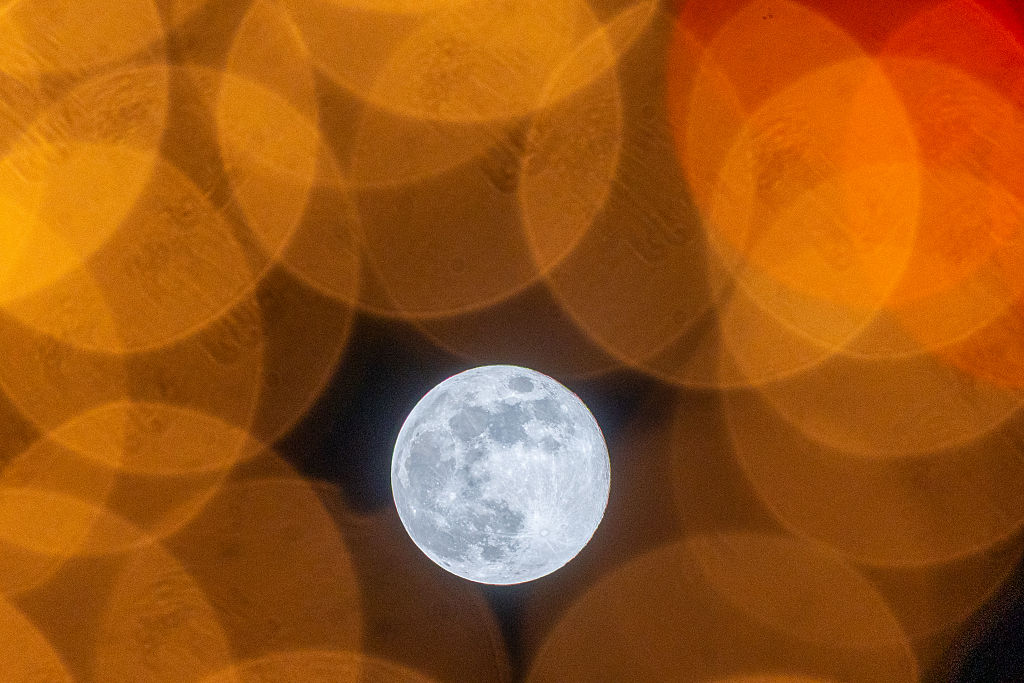 Вук месец виђен иза мутних божићних светала.