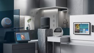 A selection of Amazon Echo devices arranged dynamically in an AI-generated image.