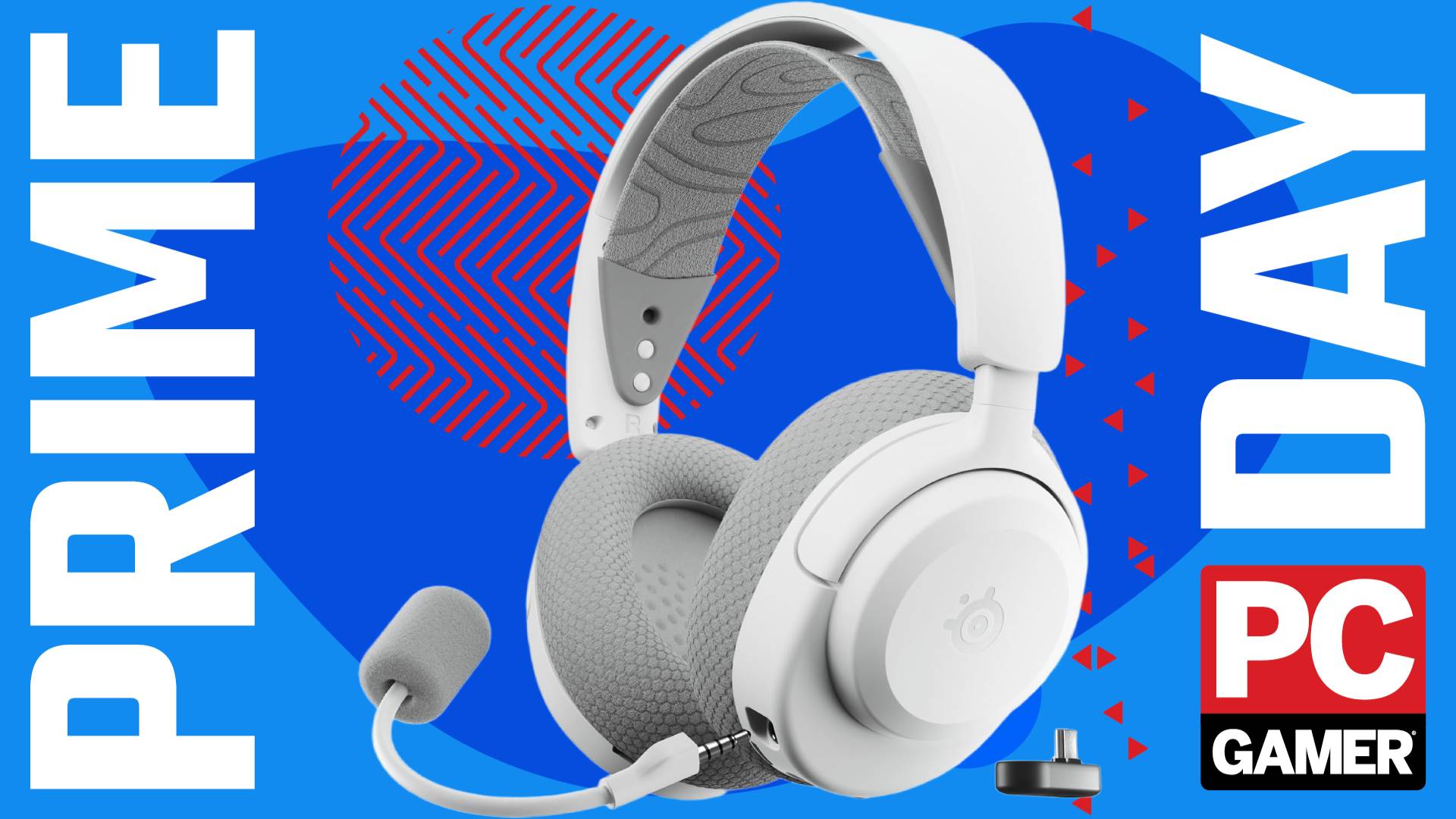 The white version of the SteelSeries Arctis Nova 3X gaming headset floats alongside its detachable mic and wireless dongle in the funky PC G Prime Day deal void.