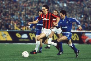 Marco van Basten on the ball for AC Milan against Real Madrid in the European Cup in April 1989.