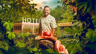 An image of Thom superimposed on a jungle background with temptations in the form of a hotel and Chinese take away. There is also a bright red apple in the foreground with a dangerous looking orange snake coiled around it. 