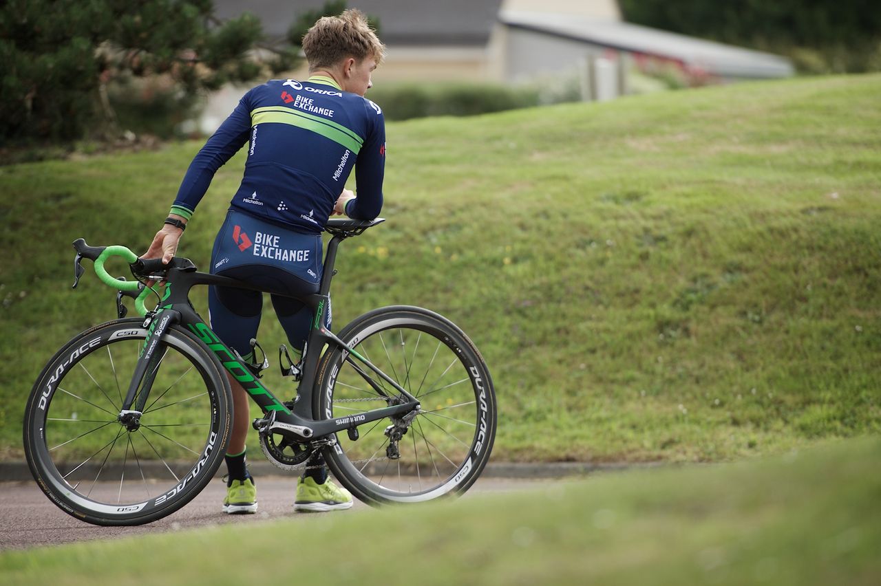 Chris Juul Jensen models the rear of the Orica-BikeExchange kit