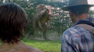 Scene from the movie Jurassic Park III. Here we see Spinosaurus approaching Dr Grant and Erik Kirby.