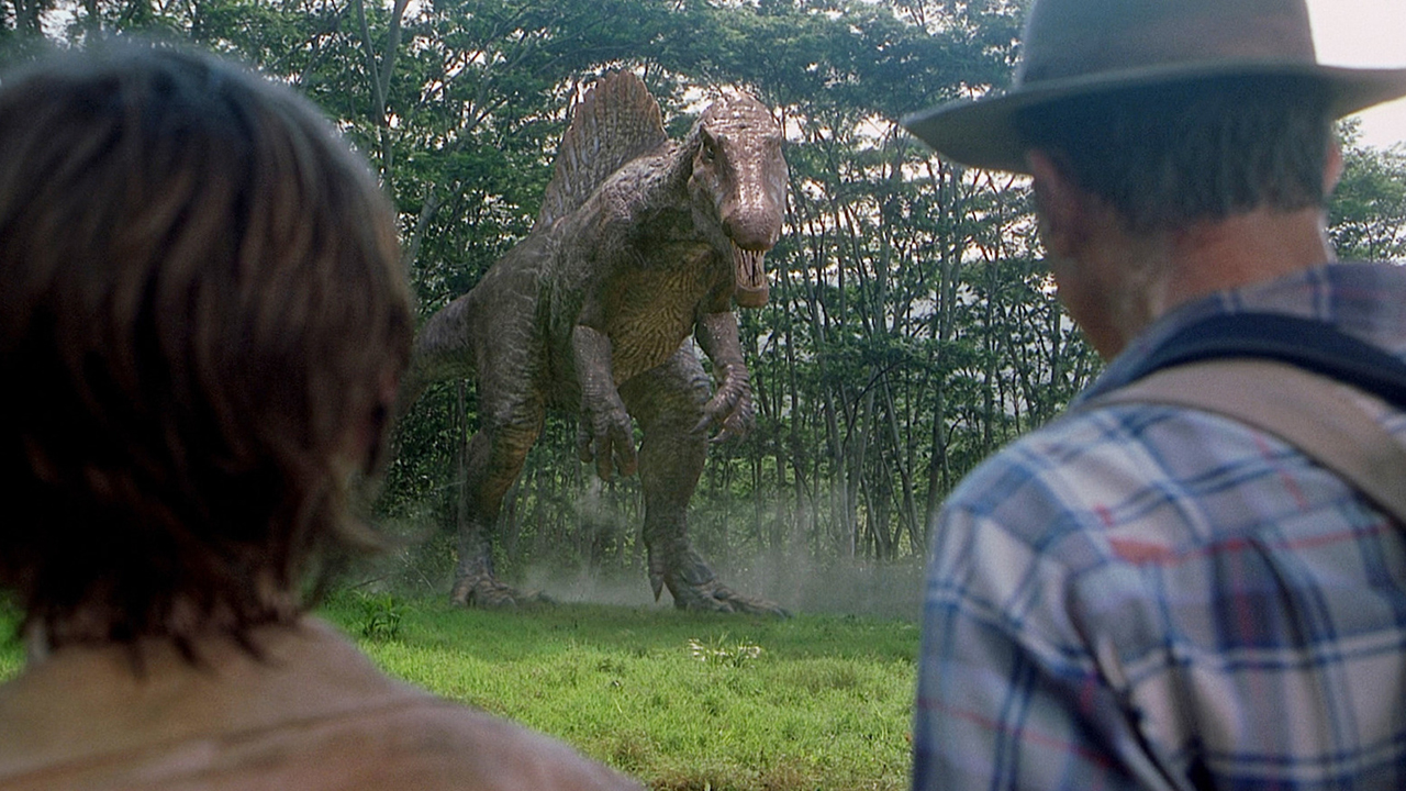 Scene from the movie Jurassic Park III. Here we see Spinosaurus approaching a man and a woman.