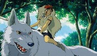 Princess Mononoke the Princess rides her wolf mother through the woods
