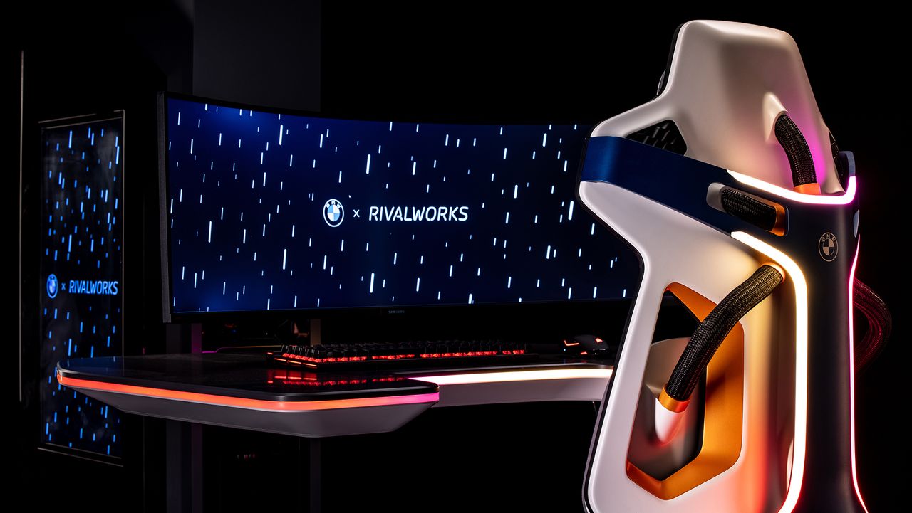 BMW Rivalworks The Rival Rig gaming chair concept from various angles on black background
