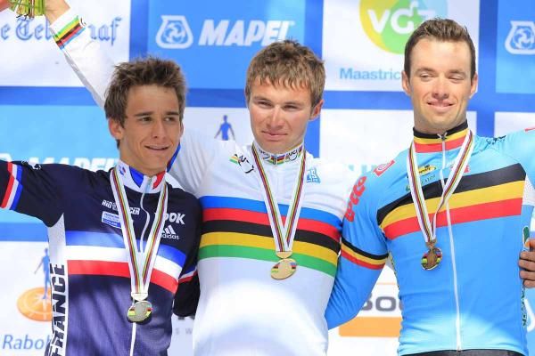 The podium: Bryan Coquard (France), Alexey Lutsenko (Kazakhstan) and Tom Van Asbroeck (Belgium)