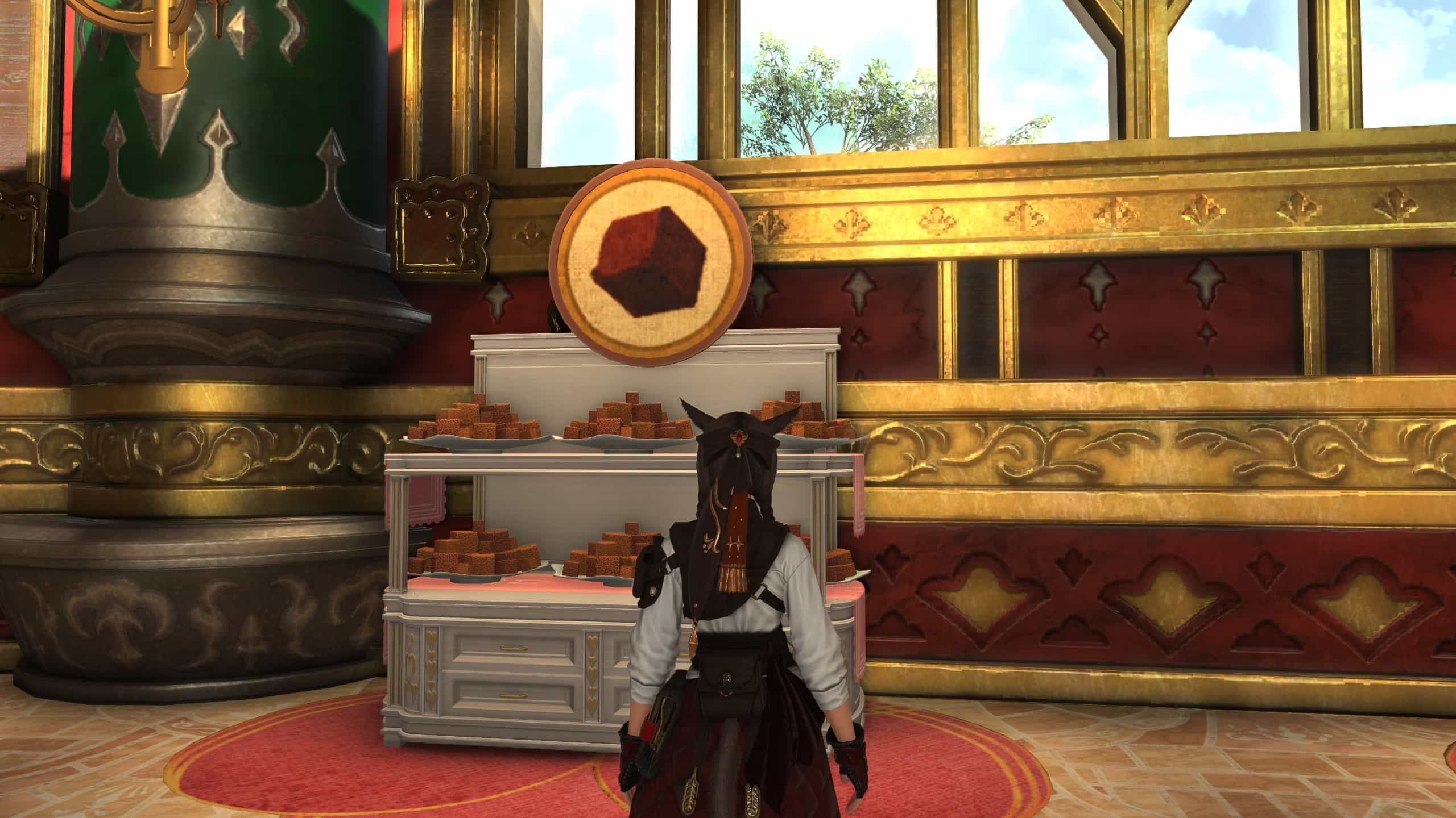 Final Fantasy 14 - Player standing in front of chocolate ingredients to pick up and put on cakes in the seasonal Valentine's Day event