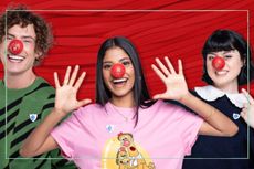 Joel Mawhinney, Shini Muthukrishnan, and Abby Cook wearing red noses