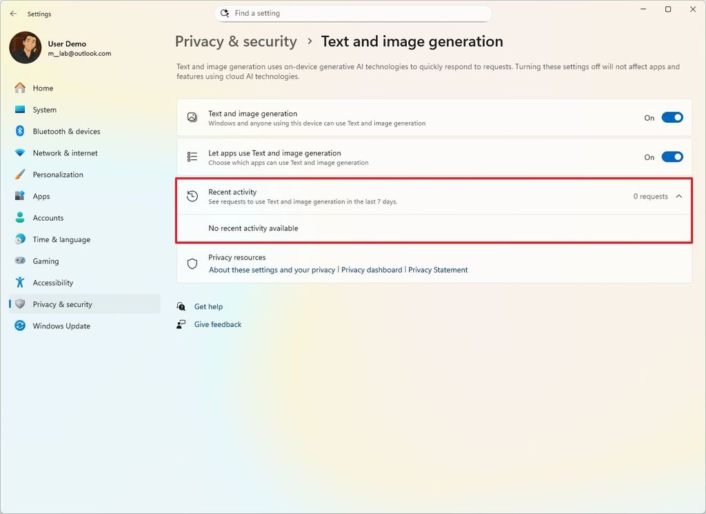 Windows 11 Recent Activity setting