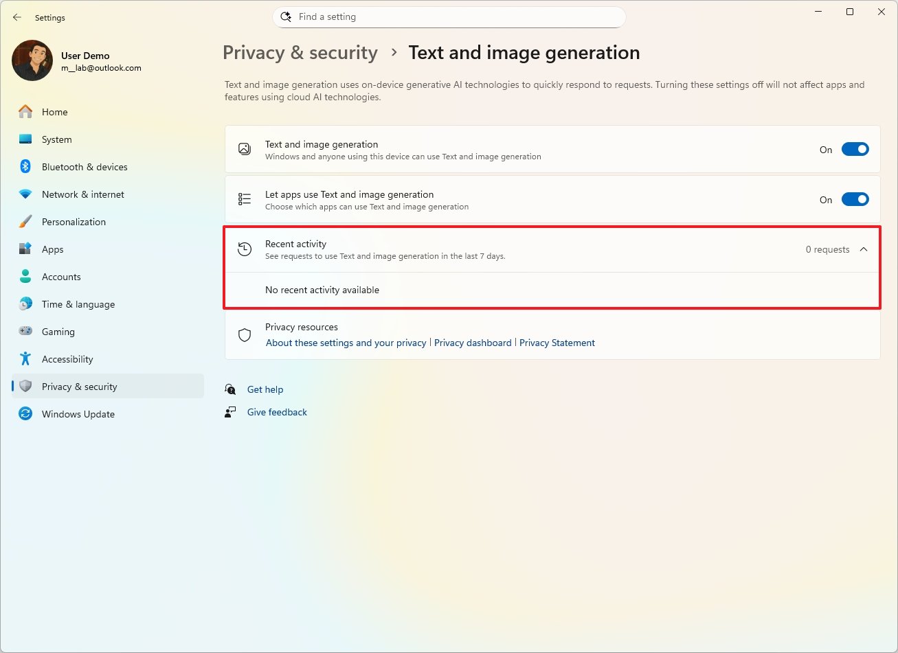Windows 11 Recent Activity setting