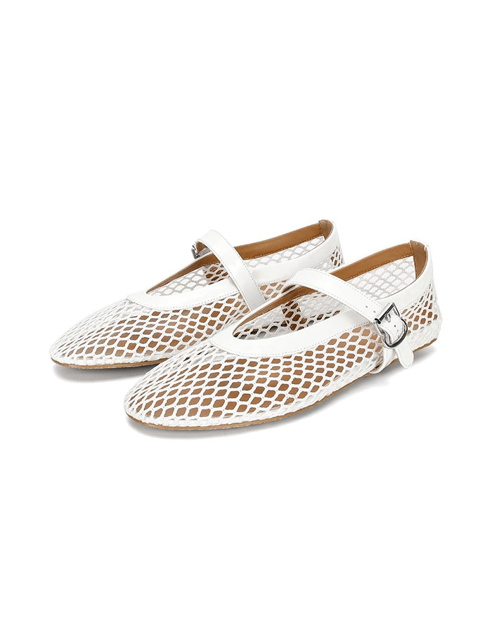 Doeyg Mesh Ballet Flats for Women Round Toe Mesh Flats Ballet Shoes Buckle Strap Mesh Mary Jane Flats Comfy Casual Office Summer Fishnet Ballerina Flats Shoes White
