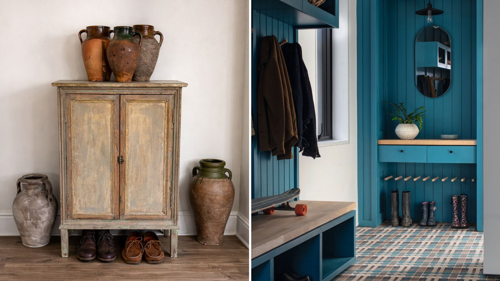 Two contrasting hallway shoe storage ideas shown side by side. Left: a rustic antique wooden cabinet with peeling painted finish, topped with terracotta amphora vessels, with two pairs of shoes stored underneath on wooden flooring. Right: a compact teal painted tongue-and-groove built-in boot room with wooden dowel pegs, a bench, small drawer unit and wellington boots on a geometric patterned tile floor.