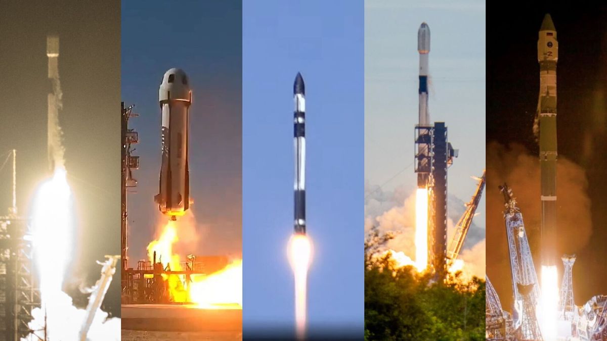 five rockets compiled side by side all launching