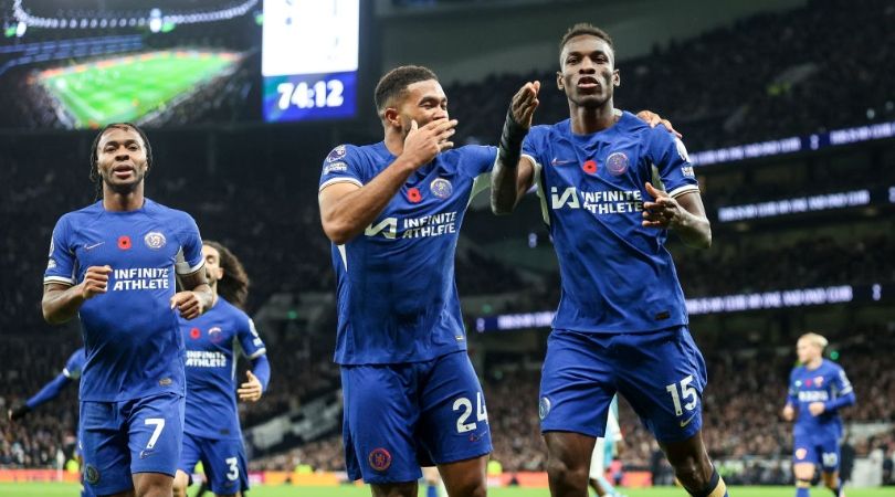 Nicolas Jackson of Chelsea celebrates after he scores a goal to make it 2-1 with team-mate Reece James during the Premier League match between Tottenham Hotspur and Chelsea FC at Tottenham Hotspur Stadium on November 06, 2023 in London, England. (Photo by Robin Jones/Getty Images)