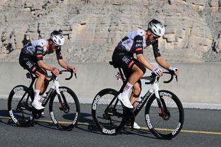 JEBEL JAIS UNITED ARAB EMIRATES FEBRUARY 19 LR Mikkel Norsgaard Bjerg of Denmark and Florian Vermeersch of Belgium and UAE Team Emirates cduring the 7th UAE Tour 2025 Stage 3 a 181km stage from Ras al Khaimah to Jebel Jais 1490m UCIWWT on February 19 2025 in Jebel Jais United Arab Emirates Photo by Dario BelingheriGetty Images