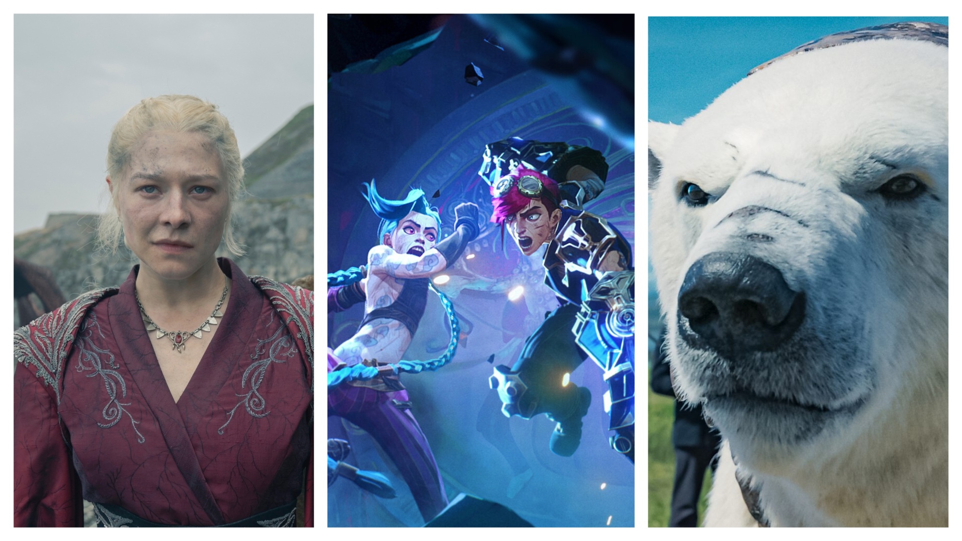 Three images sliced together from House of the Dragon, Arcane and His Dark Materials 