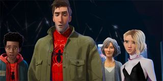 Spider-Man: Into The Spider-Verse Miles Morales Peter Parker Aunt May and Gwen Stacy meet Spider-Ham