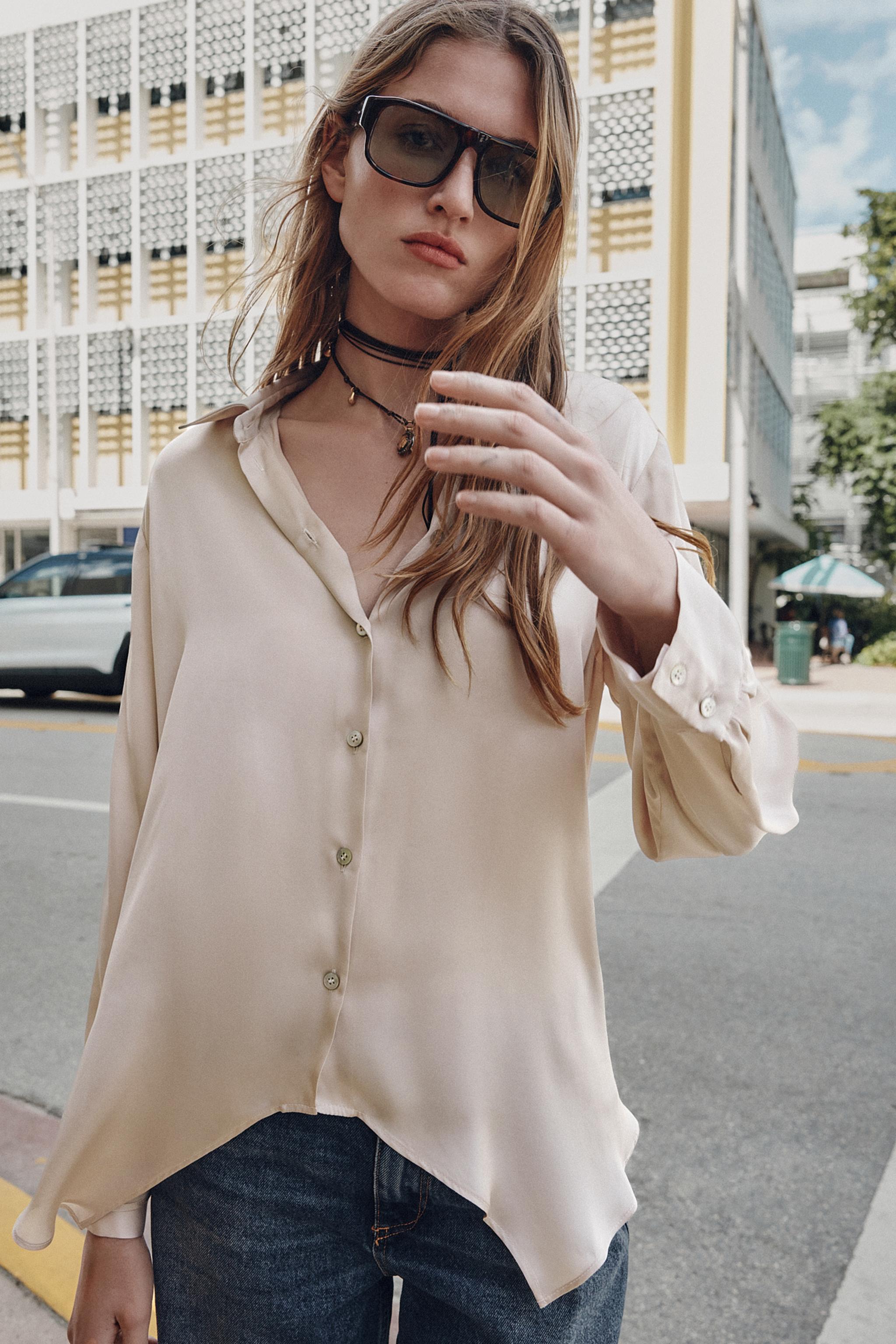 Asymmetric Hem Satin Shirt