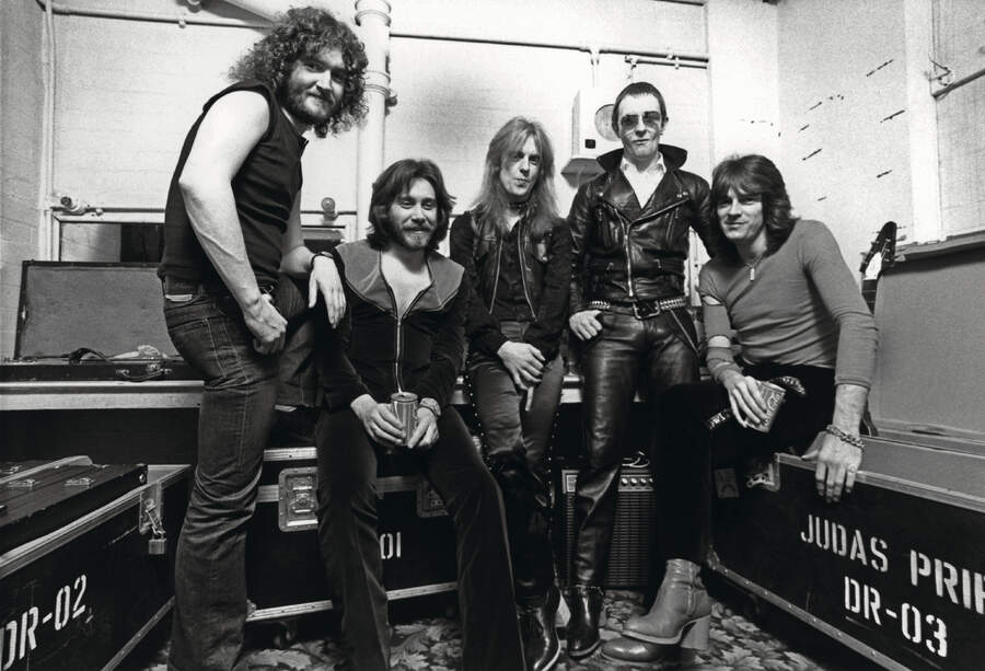 Judas Priest posing backstage circa 1978