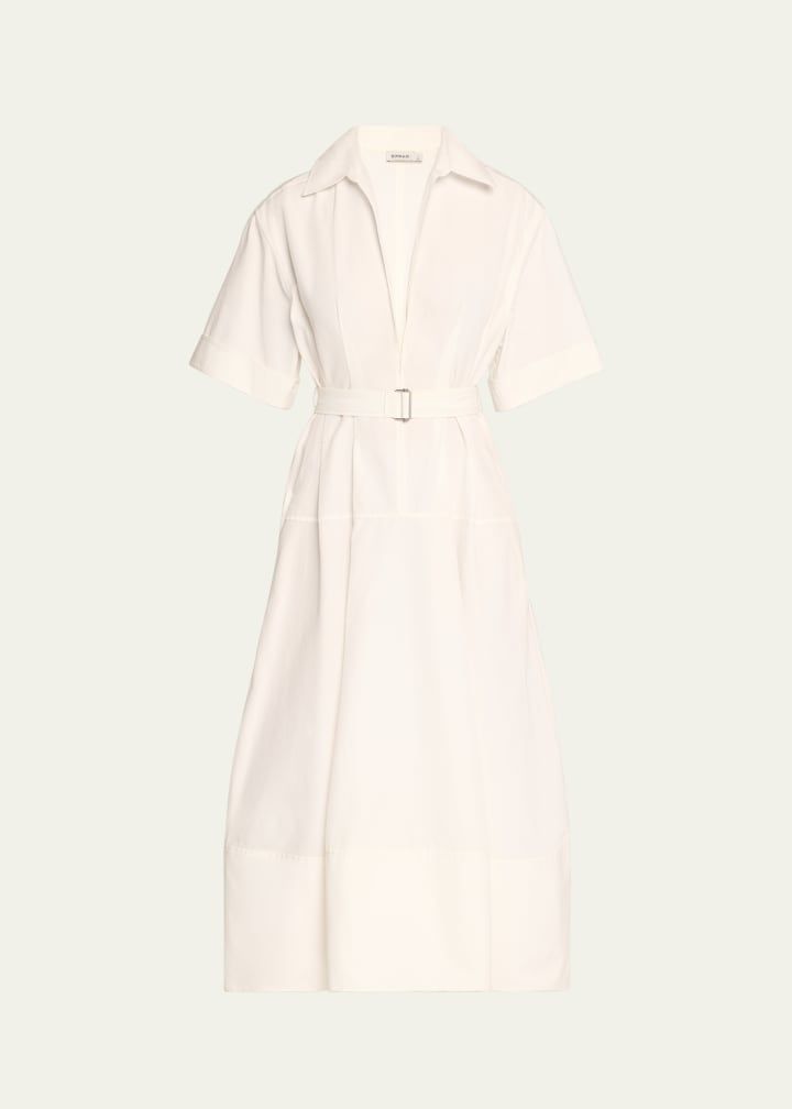 Deanna Belted Poplin Short-Sleeve Midi Shirtdress
