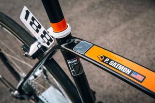 The team races aboard the Diamondback Podium Equipe frame-sets and mechanics label each frame with appropriate name stickers to denote the athlete and race vs. spare bikes. Gaimon rides a 56 cm frame.