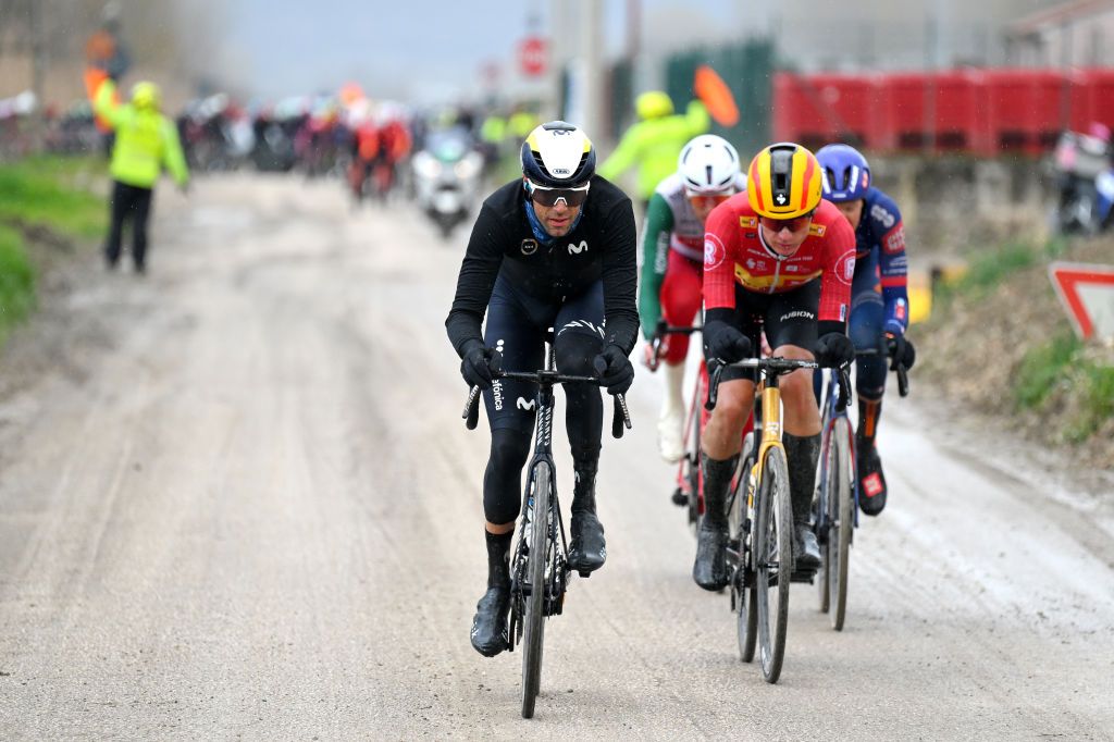 TRASACCO ITALY MARCH 13 Jorge Arcas of Spain and Movistar Team compete in the breakaway during the 60th TirrenoAdriatico 2025 Stage 3 a 190km stage from Norcia to Trasacco UCIWT on March 13 2025 in Trasacco Italy Photo by Tim de WaeleGetty Images