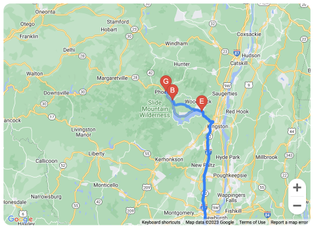 Google Map showing locations during Catskill trip