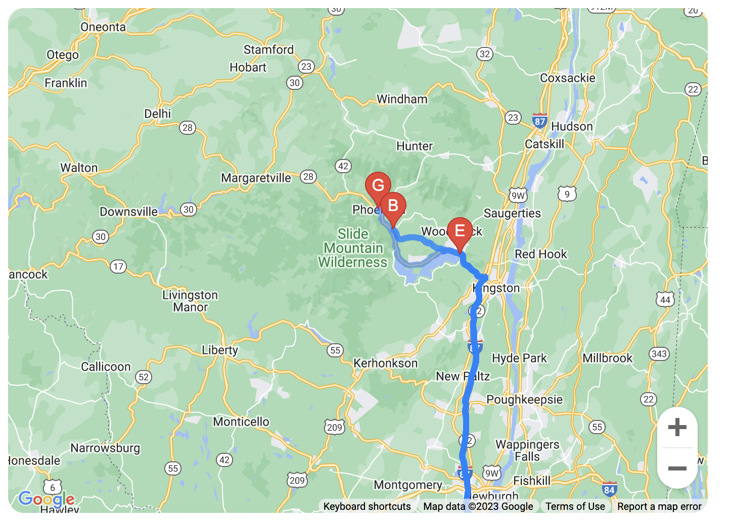 Карта Google с указанием мест во время поездки в Катскилл