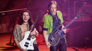 Dante Frisiello and Steve Vai performs at Teatro Dal Verme on April 07, 2023 in Milan, Italy.